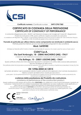 CERTIFICATE OF CONSTANCY OF PERFORMANCE-SAFEFIRE- CHIPBOARD PANEL WITH FLAME RETARDANT EFFECT