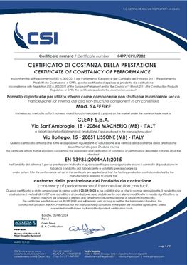 CERTIFICATO DI COSTANZA DELLA PRESTAZIONE - SAFEFIRE - PANNELLO TRUCIOLARE CON EFFETTO RITARDANTE DI FIAMMA