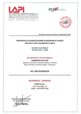 FIRE REACTION CLASSIFICATION REPORT - HPL LAMINATE