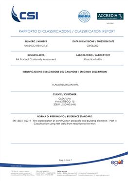 FIRE REACTION CLASSIFICATION REPORT - CHPL LAMINATE