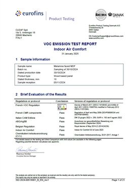 VOC EMISSION TEST REPORT - INDOOR AIR COMFORT - MELAMINE FACED MDF PANE