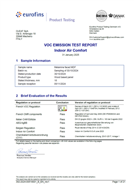 VOC EMISSION TEST REPORT - INDOOR AIR COMFORT - MELAMINE FACED MDF PANEL