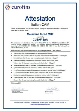 CAM ARREDI ATTESTATION - VOLATILE ORGANIC COMPOUNDS EMISSIONS - MELAMINE FACED MDF"**.