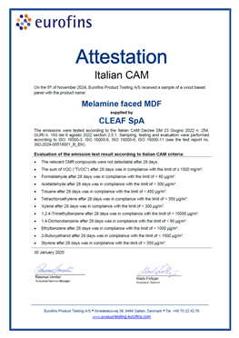 CAM ARREDI ATTESTATION - VOLATILE ORGANIC COMPOUNDS EMISSIONS - MELAMINE FACED MDF"**.