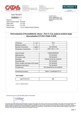 Formaldehyde Emission Test Report - Melamine-Coated Particle Panel