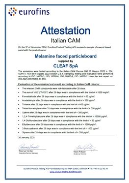 CAM ARREDI ATTESTATION - FLÜCHTIGE ORGANISCHE VERBINDUNGEN (VOC) EMISSIONEN - BESCHICHTETE SPANPLATTE