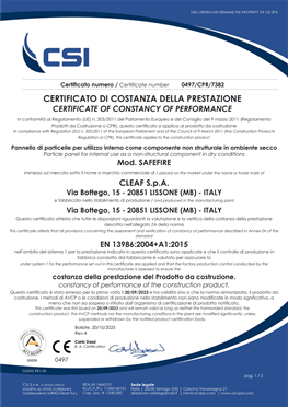 CERTIFICATO DI COSTANZA DELLA PRESTAZIONE - SAFEFIRE - PANNELLO TRUCIOLARE CON EFFETTO RITARDANTE DI FIAMMA