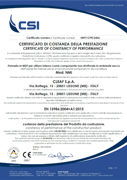 CERTIFICATO DI COSTANZA DELLA PRESTAZIONE - PANNELLO DI MDF IGNIFUGO NOBILITATO