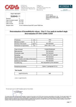 Formaldehyde Emission Test Report - Melamine-Coated MDF Panel