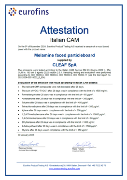 CAM ARREDI ATTESTATION - VOLATILE ORGANIC COMPOUNDS EMISSIONS - MELAMINE FACED PARTICLEBOARD