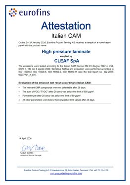 Attestato COV CAM Arredi interni - HPL