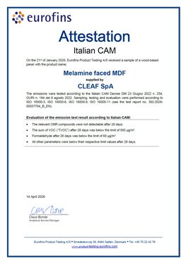 ATTESTATO COV CAM ARREDI INTERNI – MDF NOBILITATO