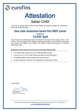 COV-CAM-Zertifikat für Innenausstattung – einseitig melaminbeschichtete dünne MDF-Platte